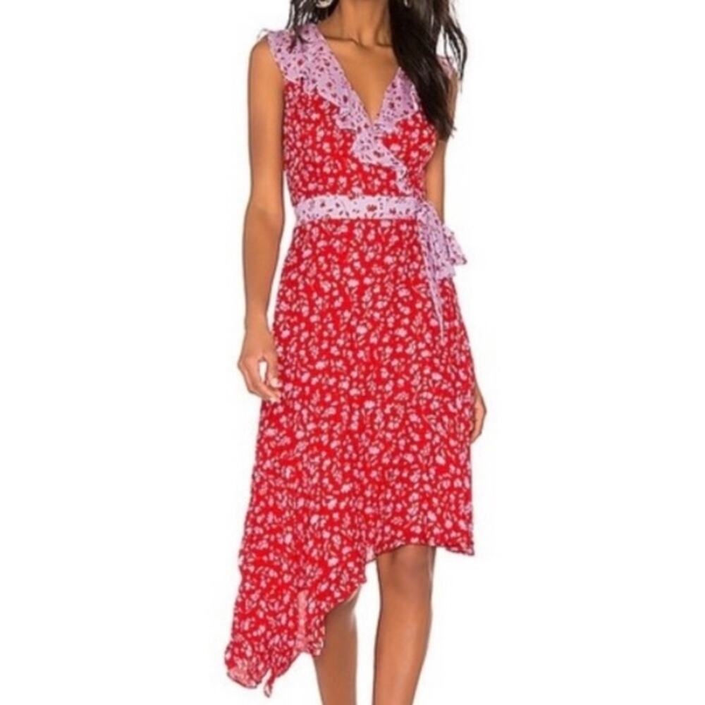 Parker Jennifer Kaia Silk Viscose Dress S 4 6 Red Lavender Asymmetric Faux Wrap